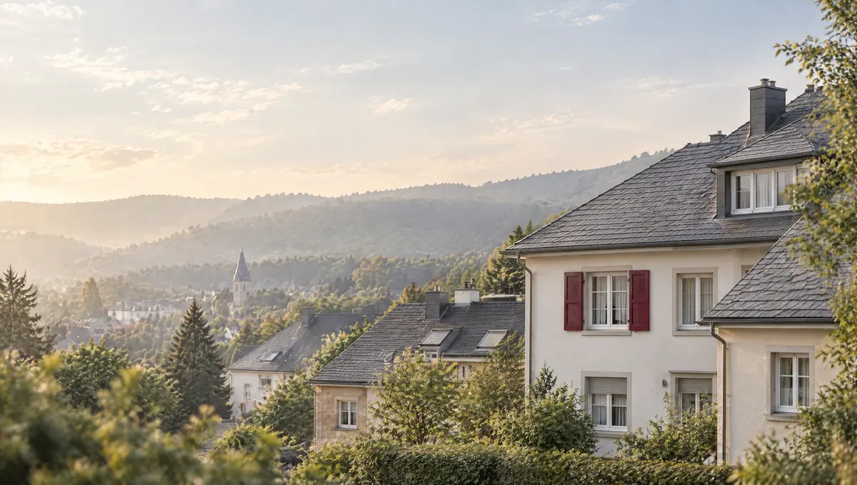 Blick über graue Schieferdächer einer kleinen Taunusstadt vor bewaldeten Hügeln im Morgendunst, an einem Haus weinrote Fensterläden (Symbolbild)