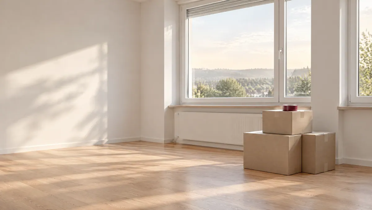 Leeres, frisch gereinigtes Wohnzimmer mit hellem Eichenboden, am Fenster ein Stapel Umzugskartons mit einer weinroten Rolle Packband (Symbolbild)