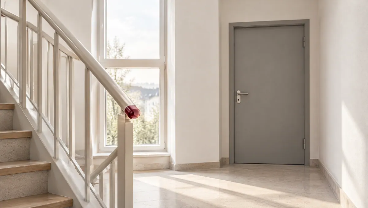 Helles Treppenhaus eines Mehrfamilienhauses mit geschlossener grauer Brandschutztür, hellem Handlauf mit weinroter Endkappe und Tageslicht aus einem hohen Fenster (Symbolbild)