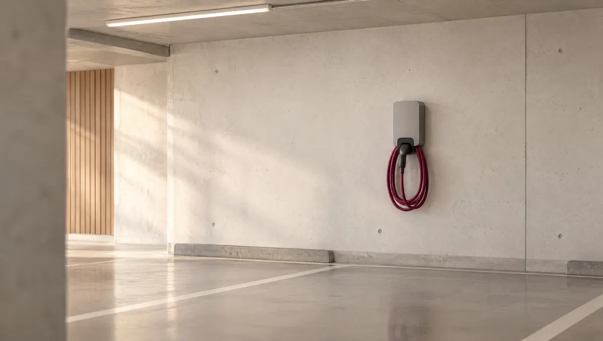 Leerer Stellplatz in einer hellen Tiefgarage mit Wallbox an der Betonwand und ordentlich aufgerolltem weinrotem Ladekabel (Symbolbild)