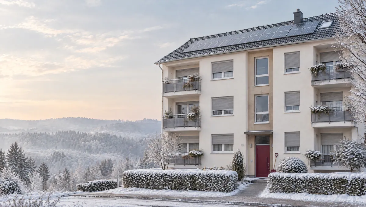 Frisch geräumter und gestreuter Gehweg vor einem Mehrfamilienhaus an einem verschneiten Morgen, an der Hauswand lehnt eine weinrote Schneeschaufel (Symbolbild)