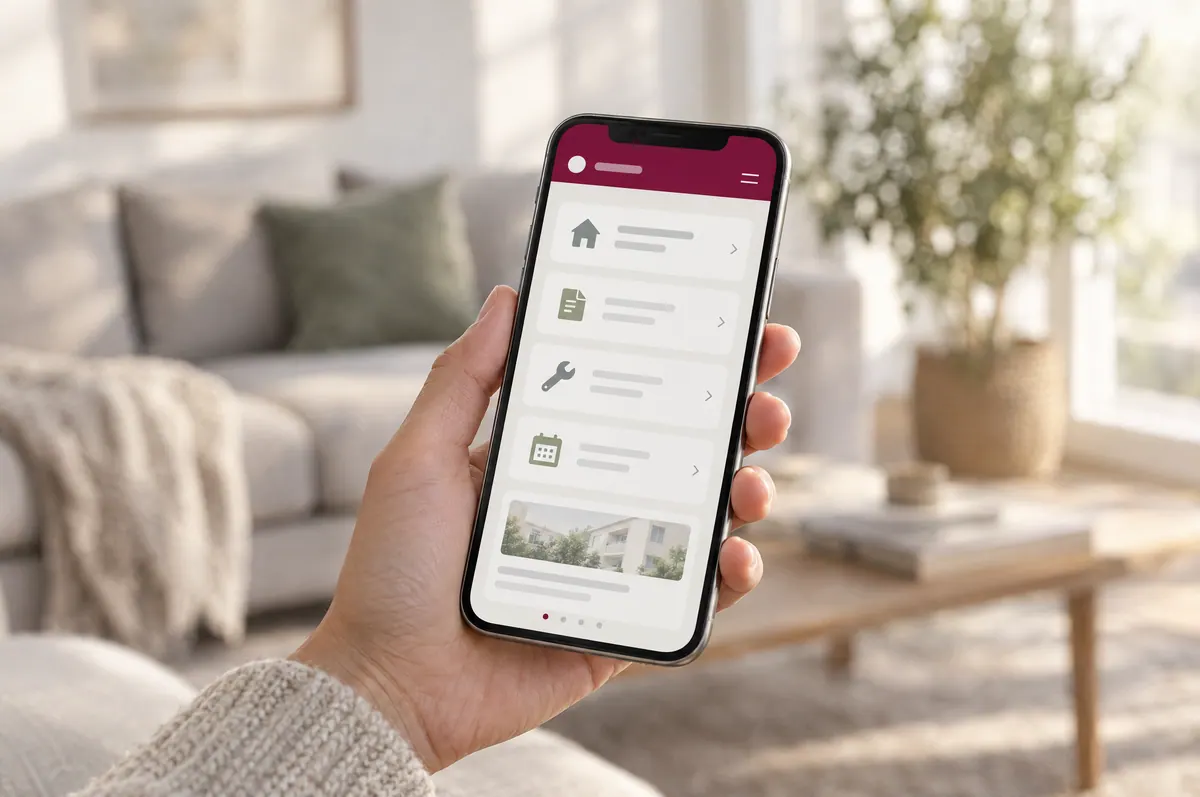 Hand hält ein Smartphone mit geöffneter Verwaltungs-App in einem hellen Wohnzimmer (Symbolbild)