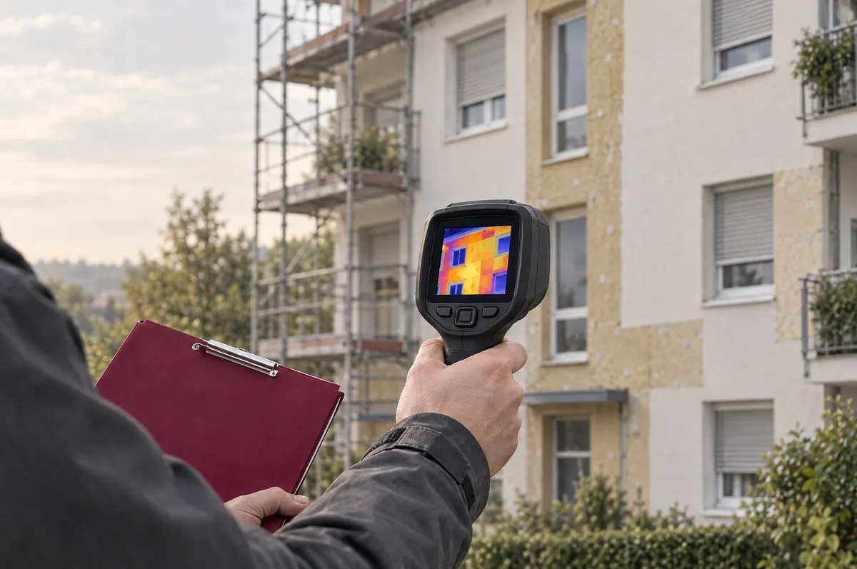 Thermografie-Aufnahme einer Mehrfamilienhaus-Fassade mit Wärmebildkamera und Klemmbrett (Symbolbild)