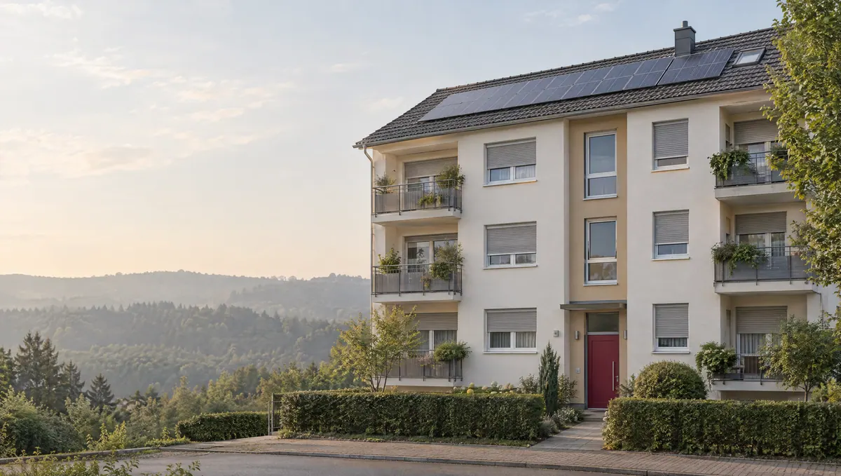 Gepflegtes Mehrfamilienhaus mit Solardach vor den Taunushügeln (Symbolbild)