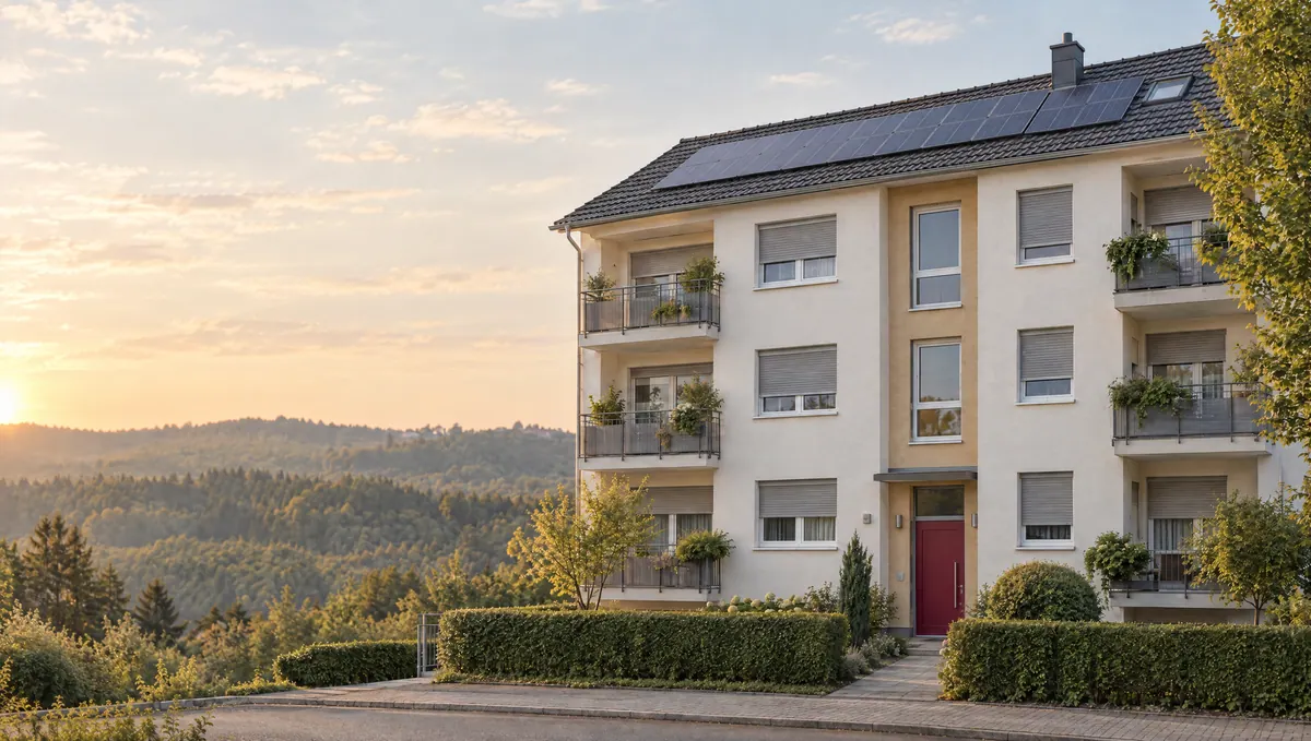 Mehrfamilienhaus mit weinroter Haustür und Solardach vor bewaldeten Taunushügeln im Abendlicht (Symbolbild)