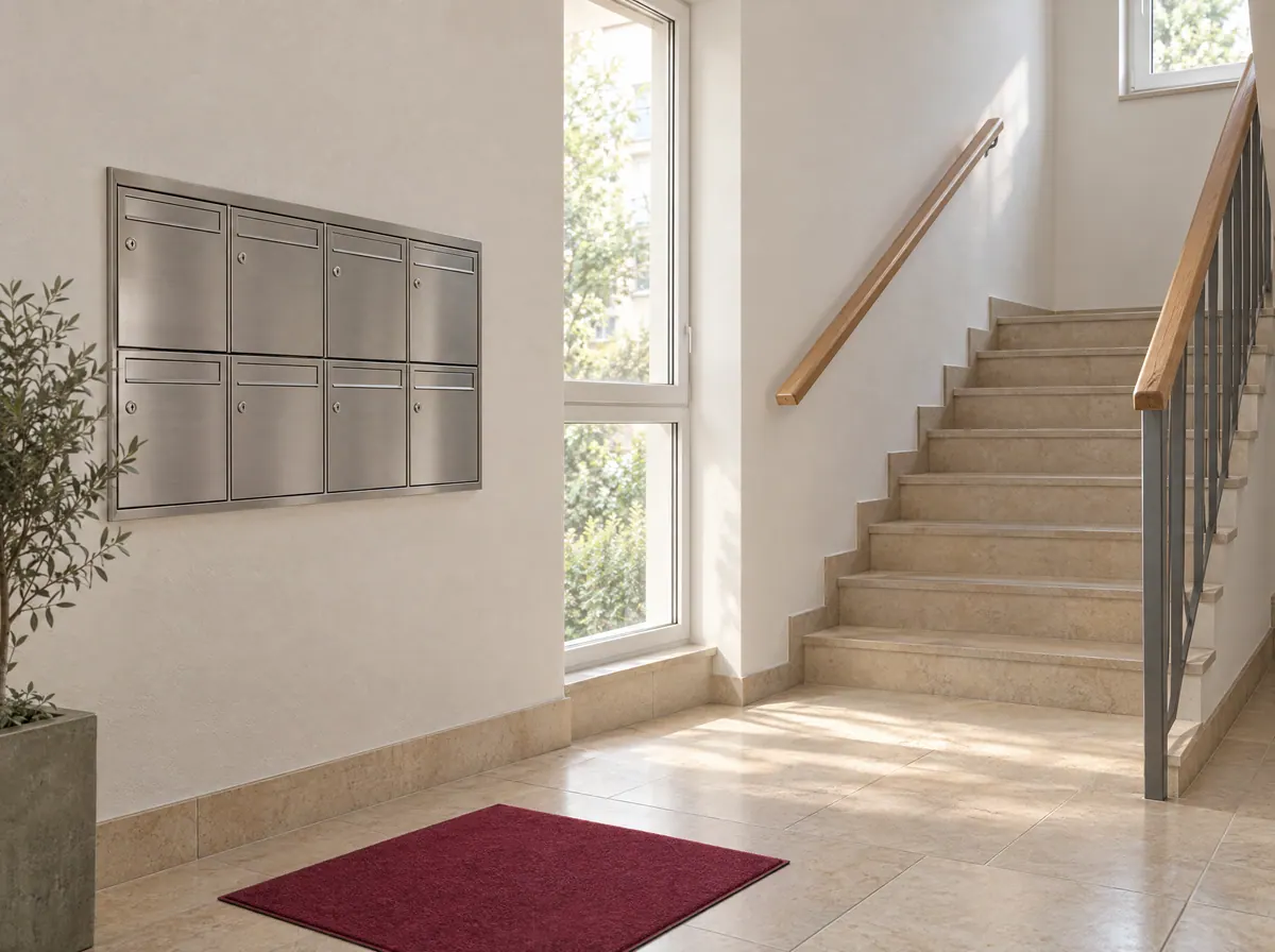 Heller Hauseingang mit Briefkastenanlage in einer Wohnanlage (Symbolbild)